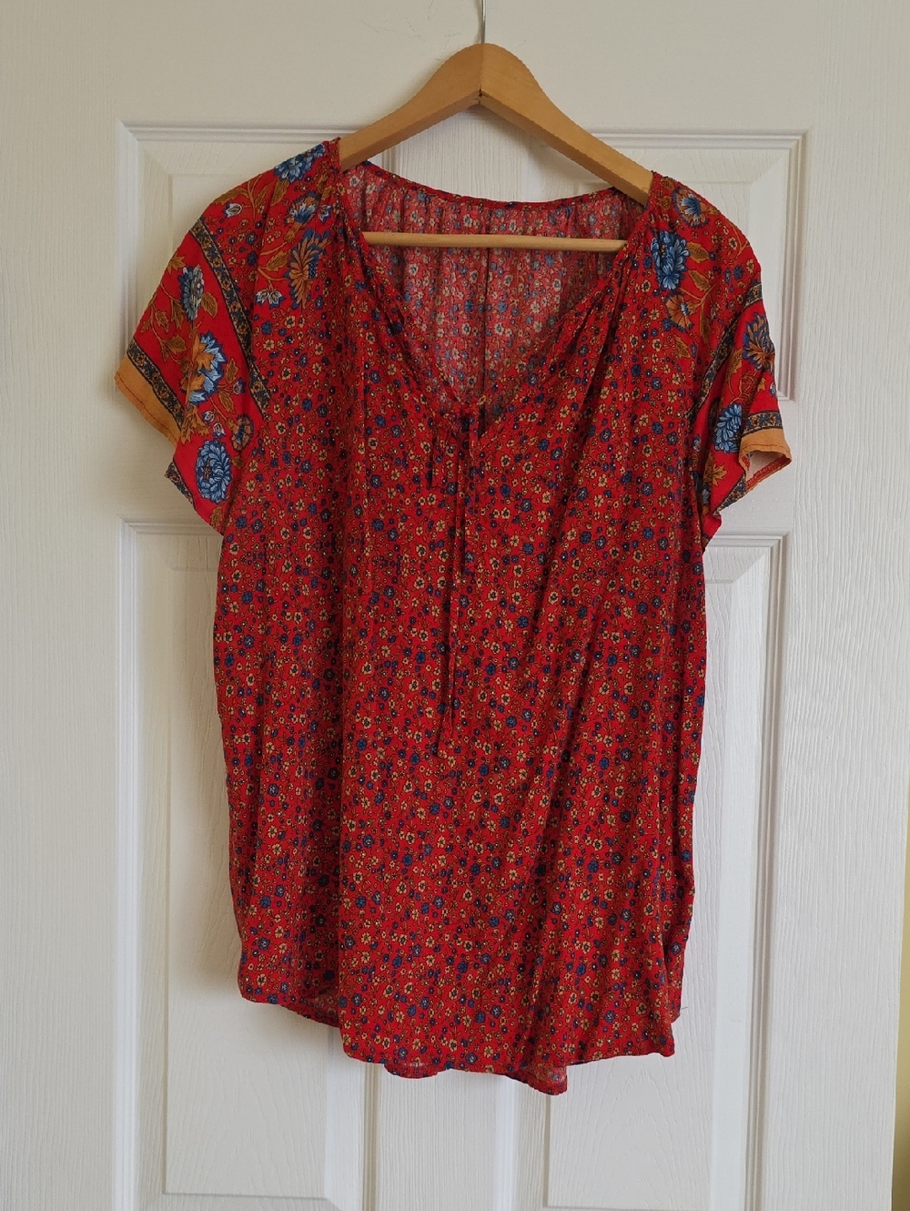 SHEIN Red Floral Short Sleeve Boho Blouse